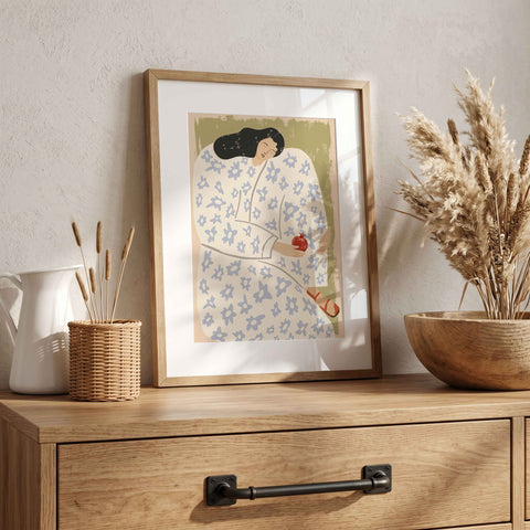 Modern bohemian art print featuring a relaxed feminine figure
