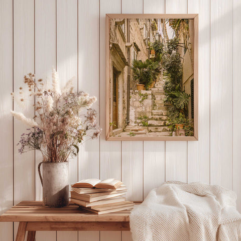 Rustic stone alley botanical wall decor
