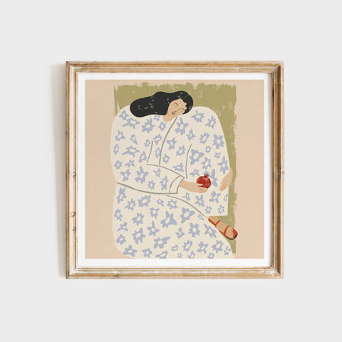 Pomegranate Woman Art Print, Mediterranean Feminine Wall Art, Boho Floral Illustration