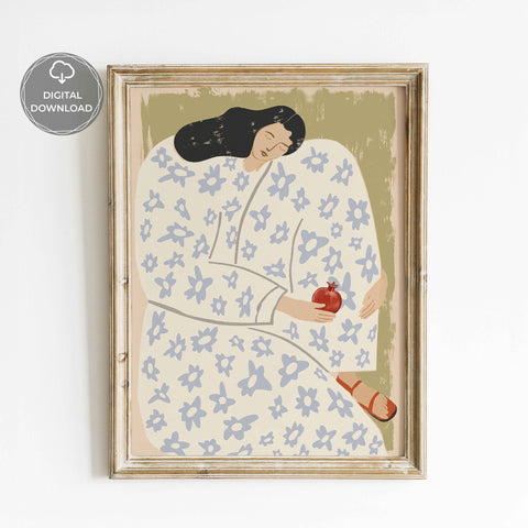 Pomegranate Woman Art Print, Mediterranean Feminine Wall Art, Boho Floral Illustration
