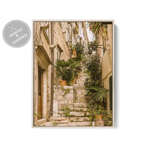 Sunlit Mediterranean staircase artwork