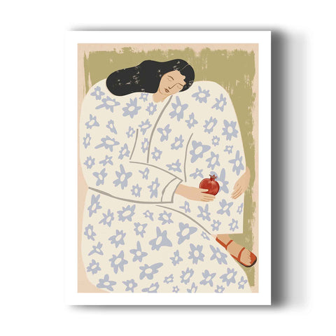 Pomegranate Woman Art Print, Mediterranean Feminine Wall Art, Boho Floral Illustration