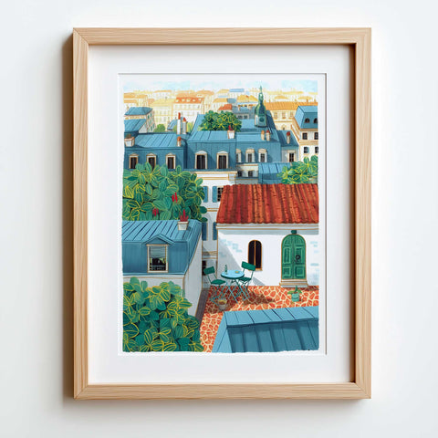 Parisian Rooftop Balcony Watercolor Art Print