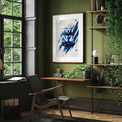 Abstract BMW M4 GT3 wall art with blue and teal speed shards