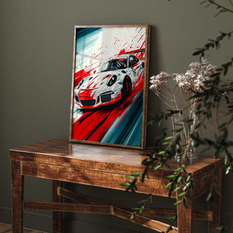Abstract automotive wall art with high speed racing car illustration