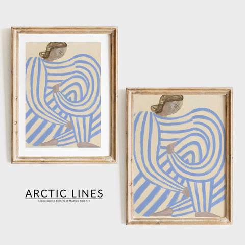 Abstract blue and white fashion illustration wall decor.