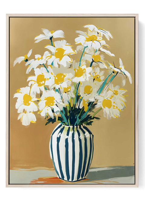 Abstract daisy bouquet art print in a blue and white striped vase.