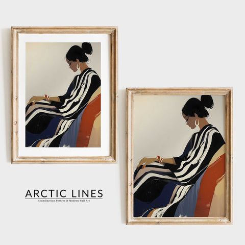 Abstract fashion portrait print with ochre and navy blue accents.