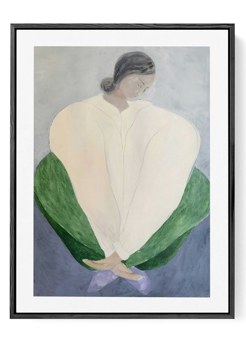 Abstract figurative woman portrait print featuring seated female figure in green skirt