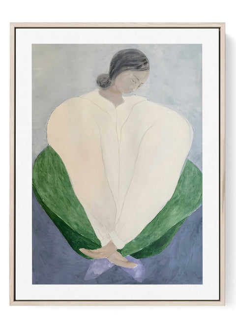 Abstract figurative woman portrait print featuring seated female figure in green skirt