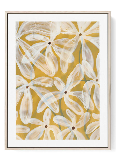 Abstract line art print of white daisies on a warm golden background.