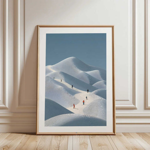 Minimalist Skiers in Snow Dunes Print – Modern Winter Landscape Wall Art - oakposter