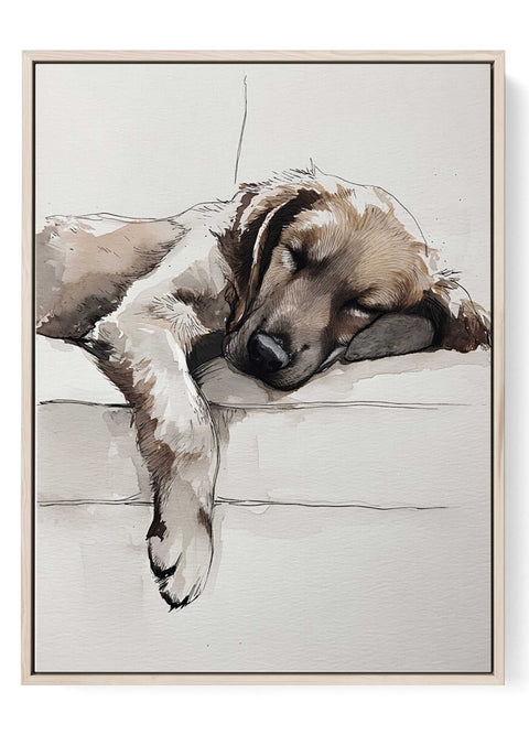 Adorable golden retriever puppy sleeping on couch watercolor art print for cozy room wall decor