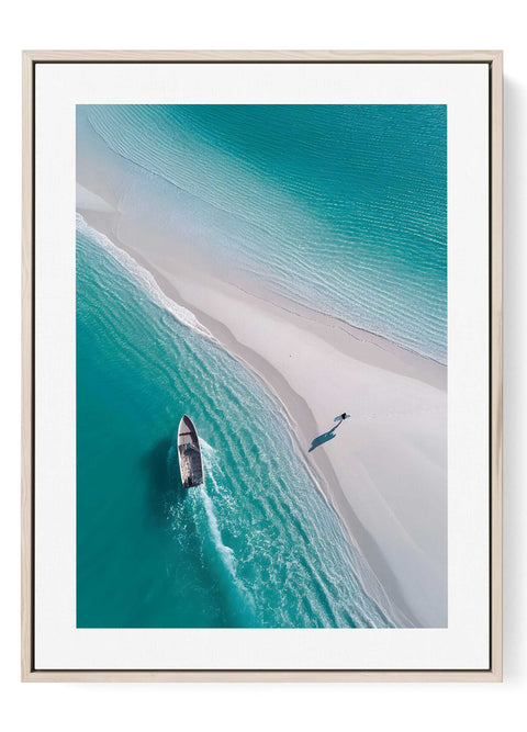 Aerial beach photography art print with turquoise water and sand.
