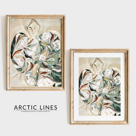 Aesthetic feminine silhouette poster with delicate cream-colored flowers.
