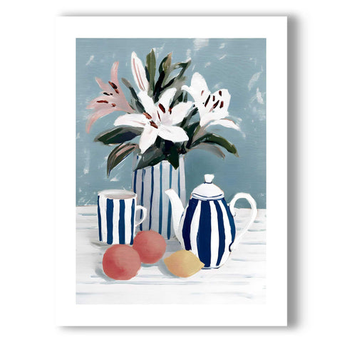 Aesthetic floral illustration with bold patterns and a Mediterranean color palette.