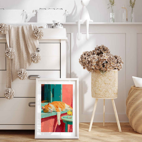 Aesthetic kitchen wall decor with a striped vase on an ochre background.