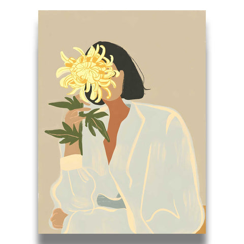 Aesthetic line art portrait with a vibrant yellow floral accent.