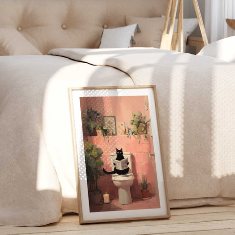 Aesthetic pink bathroom poster with a playful cat-themed illustration.