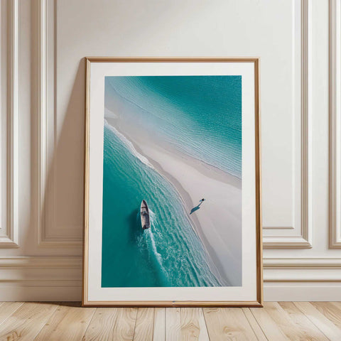 Aesthetic shoreline illustration with gentle waves and neutral sand.