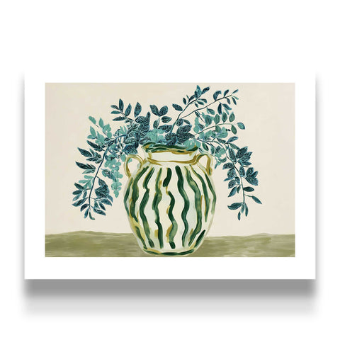 Aesthetic teal greenery wall decor on a neutral cream and olive background.
