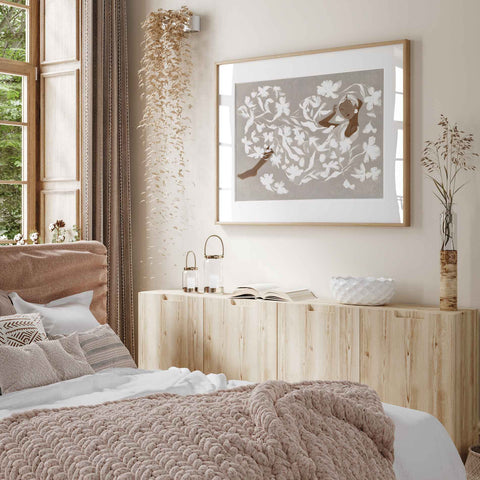 Aesthetic white floral illustration on a neutral grey-beige background.