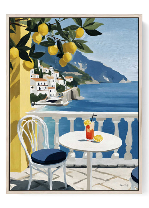 Amalfi Coast lemon terrace print with ripe yellow lemons hanging over blue ocean balcony view