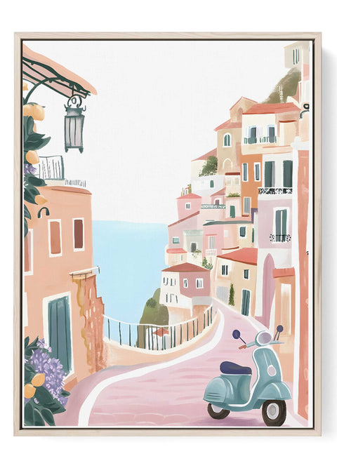 Amalfi Coast watercolor print with pastel homes and Vespa by the sea

