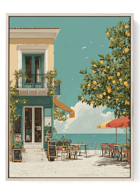 Amalfi coast seaside cafe lemon tree print featuring turquoise doors and ocean view
