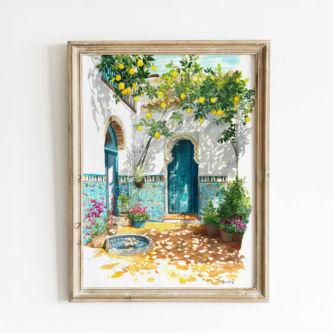 Andalusian courtyard watercolor wall art