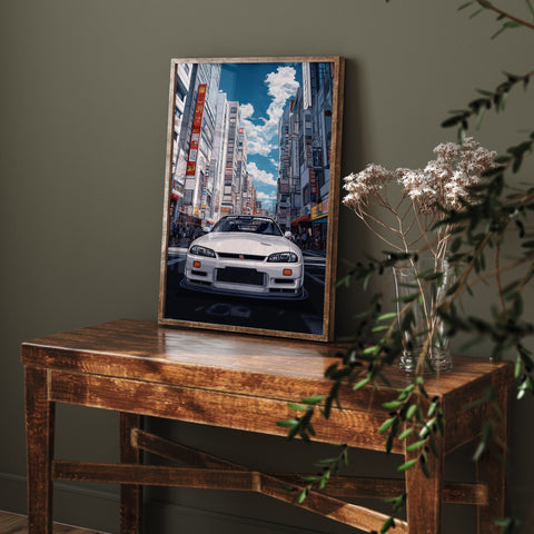 Anime Style JDM Art Print featuring a white Nissan Skyline R33