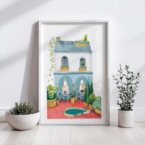 Arched café façade watercolor print with soft blue and red tones

