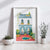 Arched café façade watercolor print with soft blue and red tones
