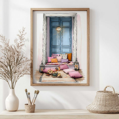 Art print with cushions and warm tones