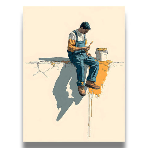 Artist overalls paint bucket ledge art print