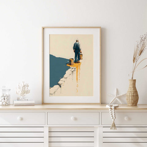 Artist with paint cans ledge