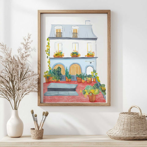 Artistic French house print with red terrace and potted plants

