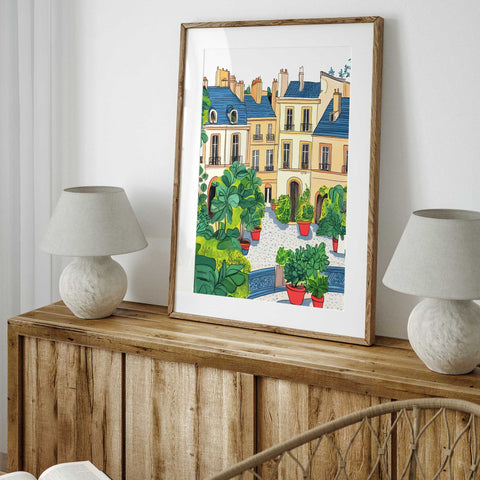 Artistic Paris watercolor print with red pots and blue rooftops

