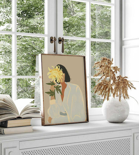 Artistic female portrait with bold yellow petals and clean lines.