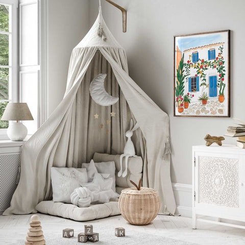 Artistic floral watercolor of peaceful villa courtyard scene

