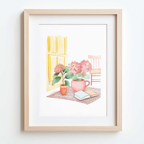 Artistic home interior scene with pink flowers and vintage window

