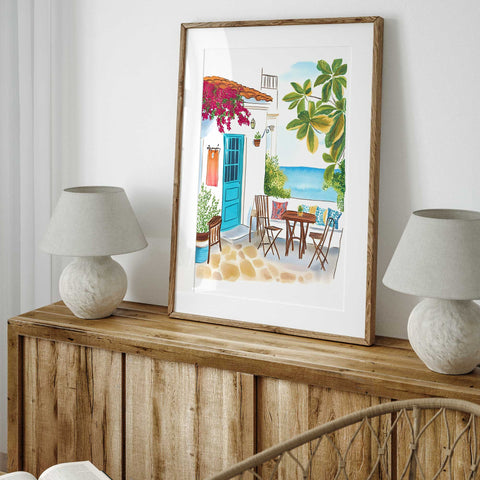 Artistic patio print with colorful cushions and Mediterranean charm

