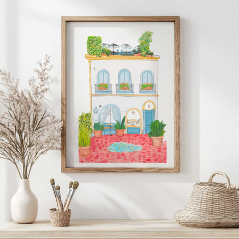 Artistic print of outdoor café with water puddle and reflection

