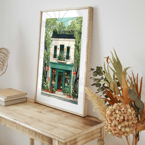 Asian-inspired house watercolor artwork