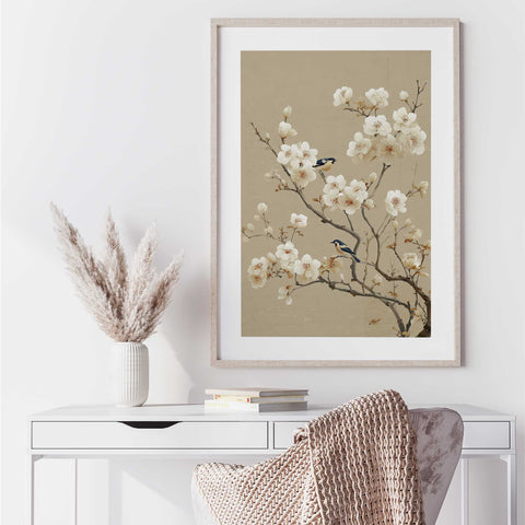 Asian inspired bird and blossom print