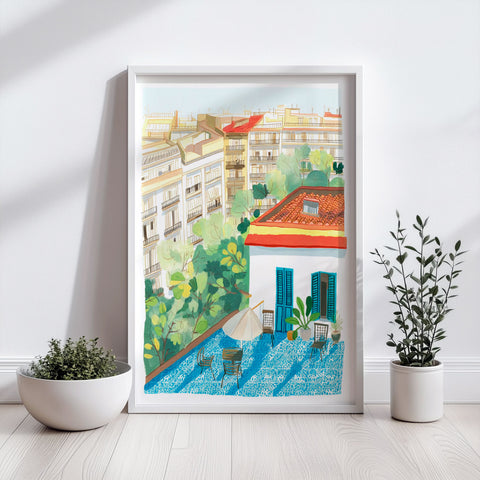 Authentic Terrace Scene – Handmade Watercolor Reproduction
