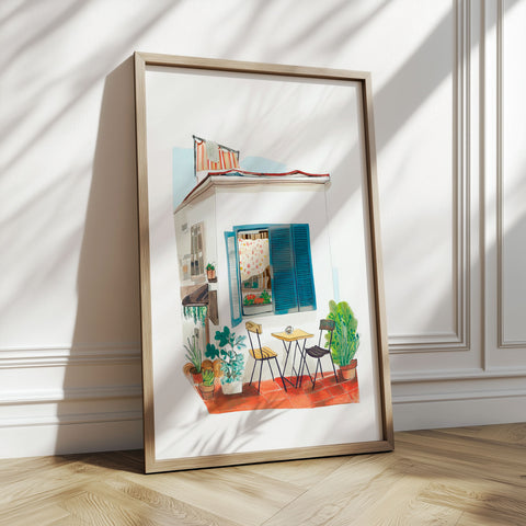 Authentic Terrace View – Handmade Watercolor Reproduction
