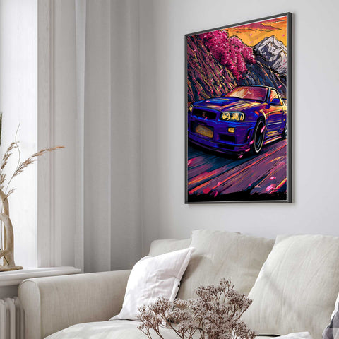 Automotive wall decor featuring Nissan Skyline R34 GTR in motion