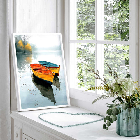 Autumn lakeside artwork with rowboats