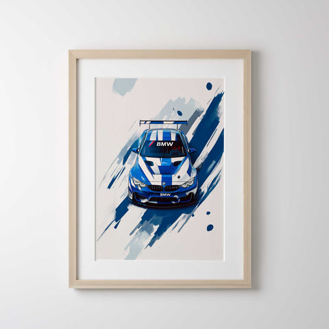 BMW M4 GT3 motorsport abstract art print with teal geometric accents